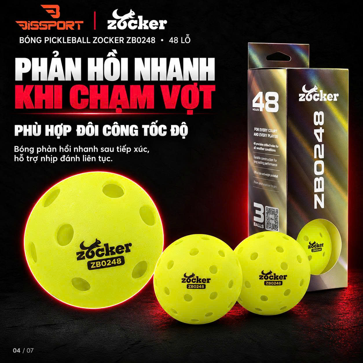Quả Bóng Pickleball Zocker ZB0248 Chính Hãng - Độ Bền Ổn Định - Đường Bay Chuẩn - Cảm Giác Đánh Chắc Tay - 48 Lỗ